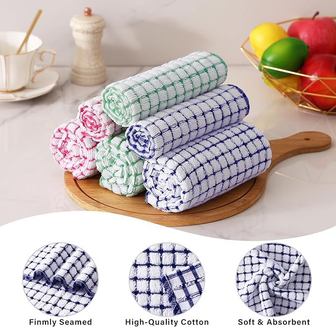 Homaxy Kitchen Towels and Dishcloths Set, 16 x 25 and 12 x 12 Inches, Set of 12 Cotton Terry Kitchen Dish Towels, Super Soft and Absorbent Dish Cloths, Red/Blue/Green