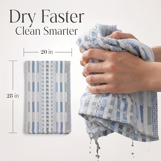 Delilah Home Sea Pines Kitchen Towels - 100% Organic Cotton - Stain-Resistant Multipurpose Dishcloths, Thick & Absorbent Hand Towels for Wiping, Cleaning & Drying Dishes - Sea Blue (4 Pack Set)