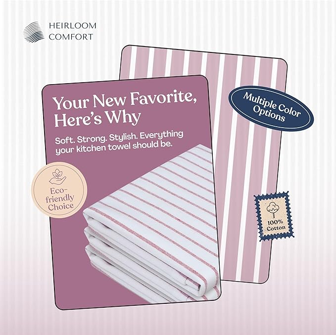 Burgundy Striped Kitchen Dish Towels (12-Pack), Quick Dry, Ultra Absorbent & Durable, 100% Cotton Classic Stripe Towels for Drying Dishes, Wiping, and Daily Kitchen Cleanup