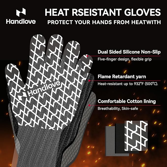 HandLove Aramid Heat Resistant BBQ Gloves – Grilling & Oven Gloves with Fingers, Silicone Grip & Long Cuffs for Cooking, Baking, and Outdoor Barbecue – Black,L