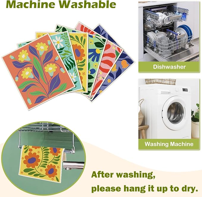 6 Packs Swedish Paper Cloths for Kitchen, Reusable Paper Towels Washable Dish Rags, Highly Absorbent Kitchen Towels Quick Drying Swedish Sponge Cleaning Dish Cloths(Bright Abstract Floral)