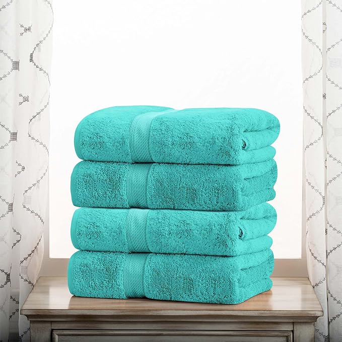 Superior Egyptian Cotton Pile Bath Towel Set of 4, Ultra Soft Luxury Towels, Thick Plush Essentials, Absorbent Heavyweight, Guest Bath, Hotel, Spa, Home Bathroom, Shower Basics, Turquoise