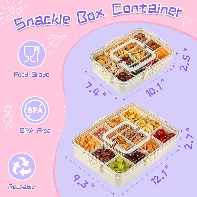 Xyptorix Snack Box Container for Kids - Adjustable 12-Compartment Snack Containers, Reusable Bento Box, Dishwasher Safe, BPA-Free, Perfect for School, Travel, Camping & Picnic, Ivory White, Large