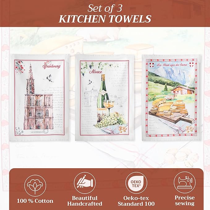 Maison d' Hermine Kitchen Towels Set of 3 100% Cotton 27.50" x 20" Reusable Cloth Tea Dish Towels Absorbent with Hanging Loop for Kitchen Gifts for Mothers Day Spring/Summer (Ribeauville)