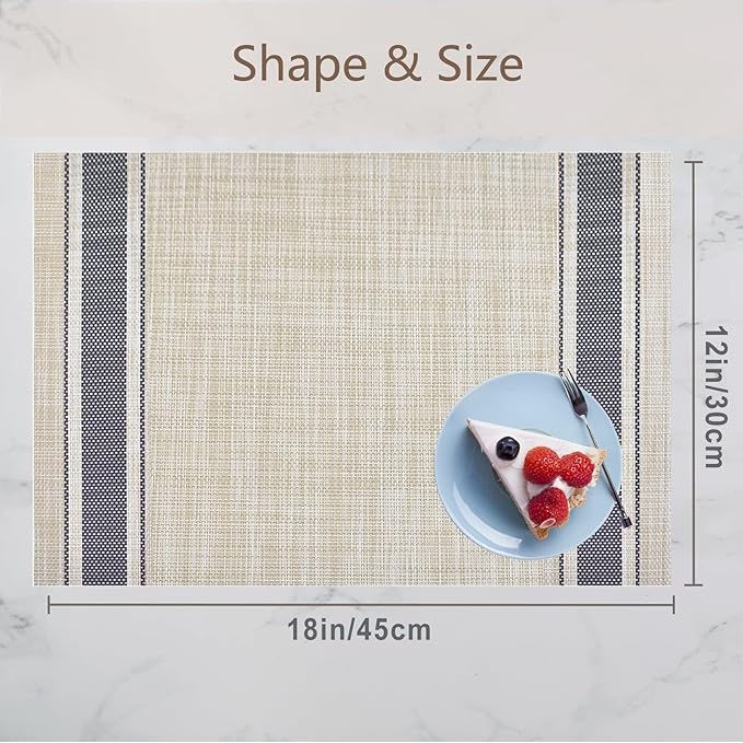 DACHUI Placemats Set of 8, Soft & Elegant Woven Vinyl Place Mats, Water Resistant, Heat Resistant, Washable, Durable Table Mats (Blue Stripes)