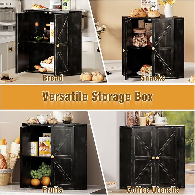 Trironsun Corner Bread Box for Kitchen Counter Double Layer Bamboo Bread Storage Container Large Capacity Bread Storage Bin Farmhouse Breadbox Organizer (Antique Black)