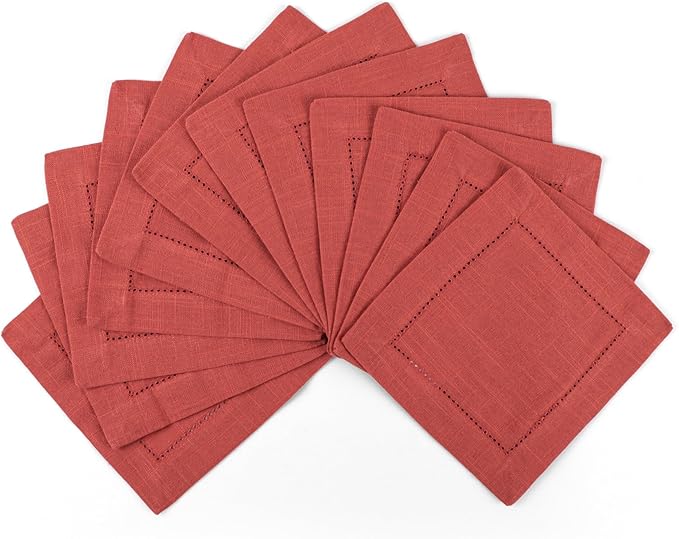 FINGERCRAFT Cocktail Napkins 6 x 6 Inch Premium Quality Cotton, Generous Hemstitch and Mitered Corner Set of 12 Coaster Cloth Rust