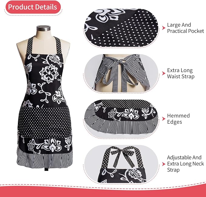 Vintage Floral Apron for Women with Functional Pockets Adjustable Neck Strap for Cooking Baking Mother's Gift