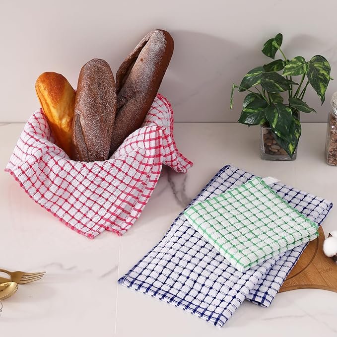 Homaxy Kitchen Towels and Dishcloths Set, 16 x 25 and 12 x 12 Inches, Set of 12 Cotton Terry Kitchen Dish Towels, Super Soft and Absorbent Dish Cloths, Red/Blue/Green