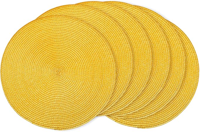 AHHFSMEI Round Placemats Set of 6 Heat Resistant Washable Non-Slip Woven Braided Table Mats for Dining Table Kitchen & Home Decor (Yellow)