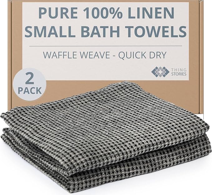 Pure Linen Small Bath Towels Set - 2-Pack 20x40-inch Quick Dry Towels for Sensitive Skin - Thin Towels for Bathroom - Lightweight Waffle Weave Towel for Kids Black-Natural
