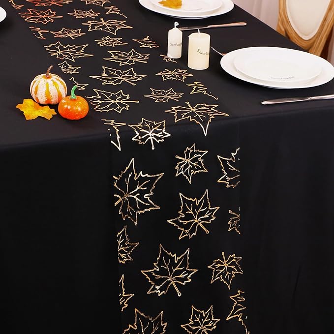 Snowkingdom Fall Table Runners, Gold Maple Leaves Thanksgiving Table Decorations for Autumn Harvest Sequin Glitter Lightweight Black Thin Mesh Sparkle Farmhouse Dining Party Decor 120 Inch