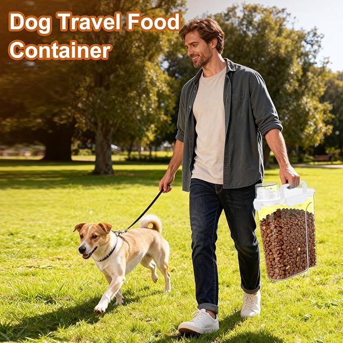Uppetly Dog Cat Food Storage Container, 5-7Lbs Pet Food Containers, Airtight Cat Food Container with Portable Handle & Measuring Cup, Small Animal Dry Food Dispenser for Dogs, Cats and Birds White