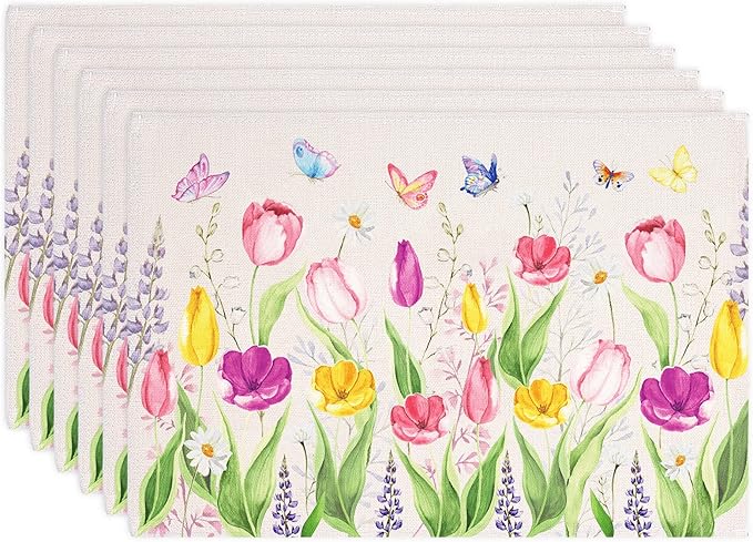 Whaline Set of 6 Spring Tulip Placemat Floral Butterfly Linen Place Mats Summer Waterproof Kitchen Table Mats for Seasonal Indoor Outdoor Home Party Dining Table Decoration, 17.9 x 12.2 Inch