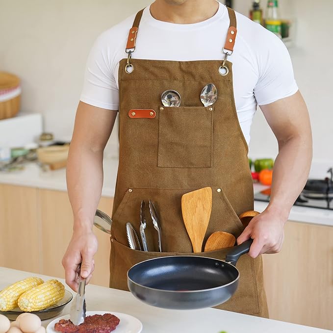 Aoomzoon Canvas Aprons for Men Chef Apron, Work Apron with Large Pockets - 16oz Heavy Duty Cross Back, BBQ, Cooking
