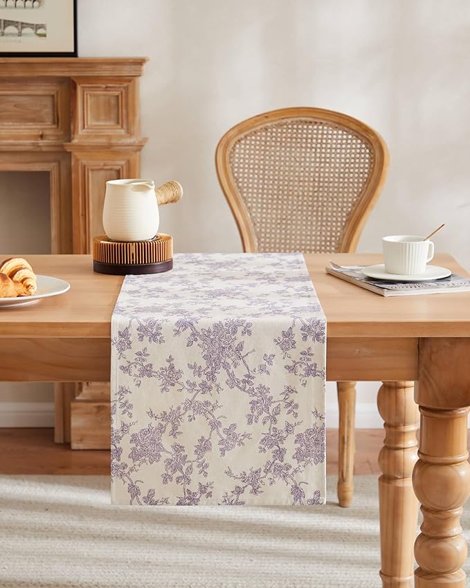 100% Cotton French Pastoral Table Runners, 13x48 Inch Purple Farmhouse Table Runners 48 Inches Long, Vintage Flowers Print Home Decors