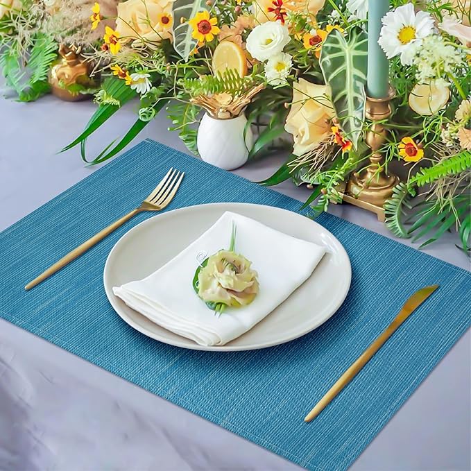 Blue Placemats Set of 4, 12x18 Inch Heat-Resistant Washable Easy to Clean Place Mats, Faux Linen Cloth Table Mats Suitable for Indoor/Outdoor Parties & Kitchen Decor (Blue)
