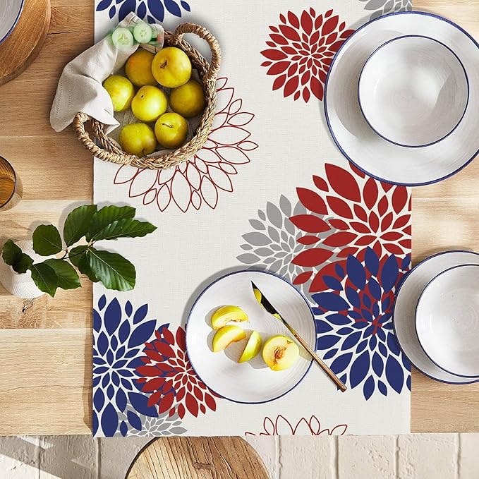 4th of July Independence Day Table Runner God Bless America Blue Red Memorial Day Dahlia Flower Table Runners Grey Moder Table Center Decor for Home Dining Party Entrance (13 x 48 Inch)