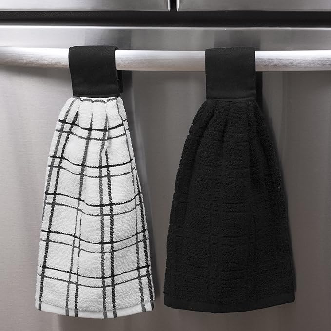 Ritz Premium 100% Cotton Solid and Multi Check Kitchen Tie Towel Absorbent, Super Soft, and Fast Drying Hang Towel, Set of Three, Black