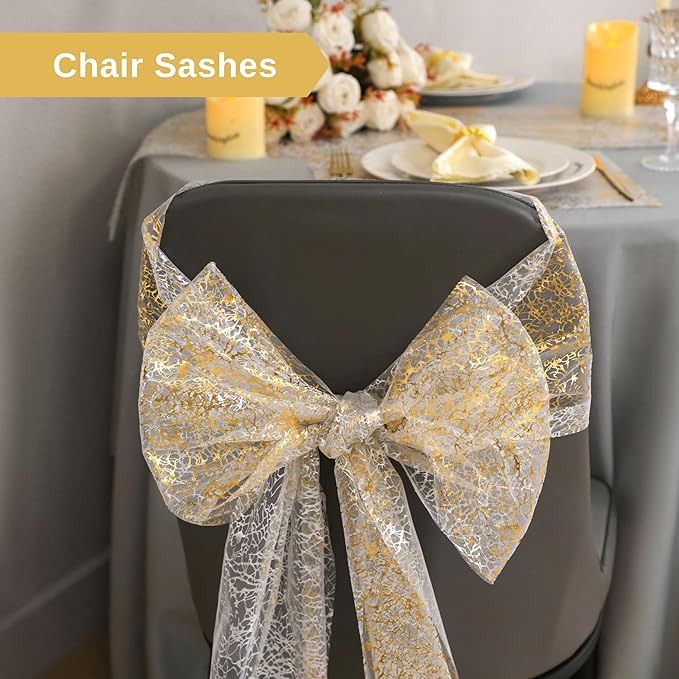 Snowkingdom 20Ft Gold Table Runner, Golden Glitter Foil Metallic Thin Mesh Cracked Runner Roll 11"x240", Gold Table Decorations for Wedding Birthday Fall Thanksgiving Christmas Party Chair Sashes