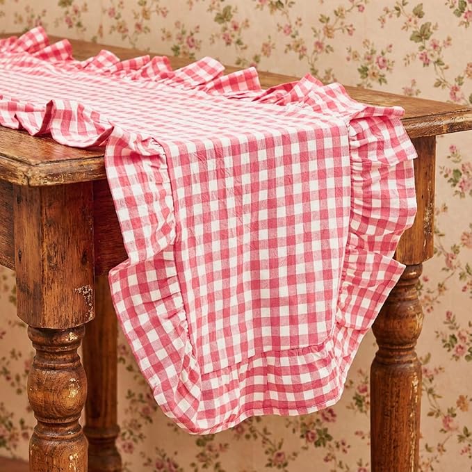 HunnmingRe 1 Pcs Pink Plaid Gingham Ruffle Table Runner 72 x 13.8'' Farmhouse Table Runner 100% Cotton Scalloped Long Dresser Scarves for Dining Room, Wedding, Kitchen Rustic Home Decor