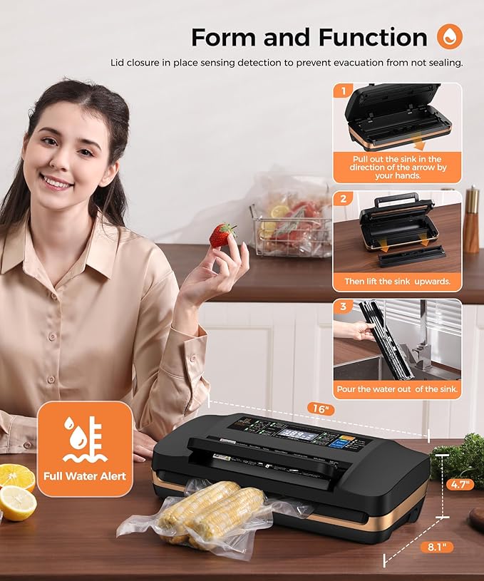 95kpa Vacuum Sealer Machine,Commercial Full Automatic Food Sealer,Powerful Sealing System with Double Heat Seal,Bags Storage,Easy-Lock Handle,Build-in Cutter,1 Bag Rolls and 10 pcs Pre-cut Bags(Black)