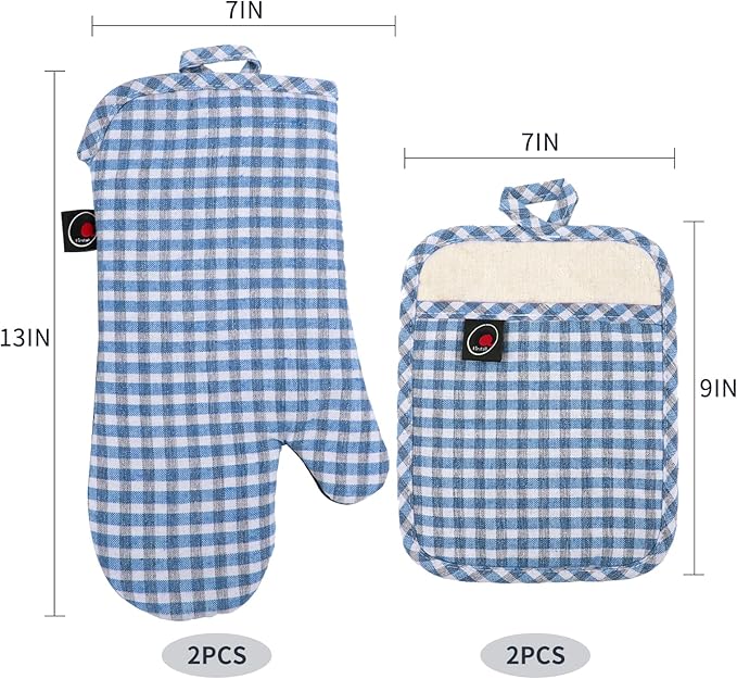Oven Mitts and Potholders Gloves-Oven Mitts and Pot Holders (Blue Grid)