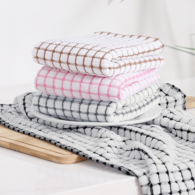 Kitinjoy Cotton 8 Pack Terry Kitchen Towels, 16 x 25 Inches Super Soft and Absorbent Dish Towels, Quick Drying Hand Towels for Kitchen Drying, Black