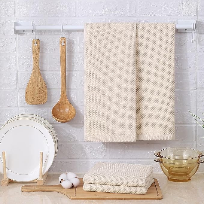 Kitinjoy 100% Cotton Waffle Weave Kitchen Hand Towels (13 X 28 Inches, Beige), 12-Pack Super Soft and Absorbent Dish Towel for Drying Dishes