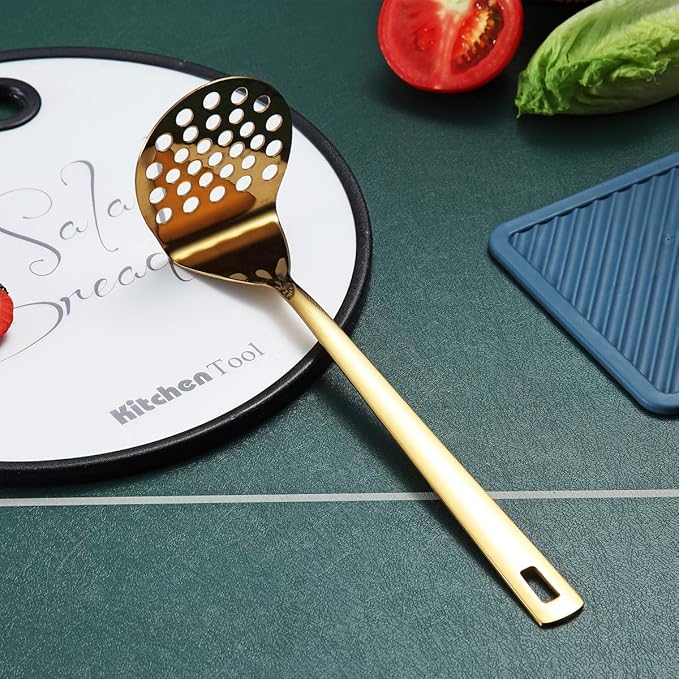 Gold Potato Masher, Berglander Heavy Duty Metal Potato Ricer Stainless Steel With Titanium Gold Plating, Food Utensil Hand, Vegetables Fruits Mashe, Dishwasher Safe, Easy to Clean