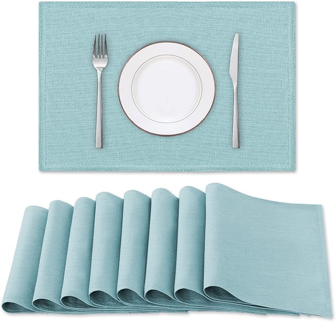 H.VERSAILTEX Linen Placemats Set of 8 Premium Solid Table Placemats for Dining Table Spill-Proof Waterproof Table Mats Heat-Resistant Kitchen Table Mats Washable, 12x18 inches, Aqua