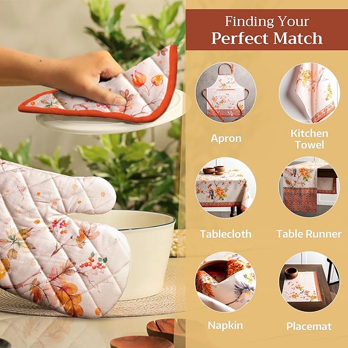 Maison d' Hermine Oven Gloves 100% Cotton Oven Mitt 7" x 13" with Loop Heat Resistant BBQ Cooking Gloves for Thanksgiving Christmas Decorations Baking Handling Hot Pans (Pack of 1, Kelim - Prairie)