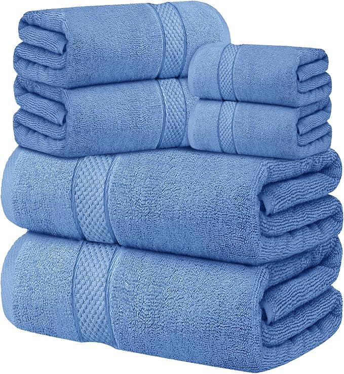 Oakias Premium Towel Set 600 GSM 6 Piece Blue - 100% Ring Spun Cotton Highly Absorbent Towels Set - Super Soft Bathroom Towel Set - Hotel Quality Double Stitched Hem - Ideal for Hotels, Spa, Gyms