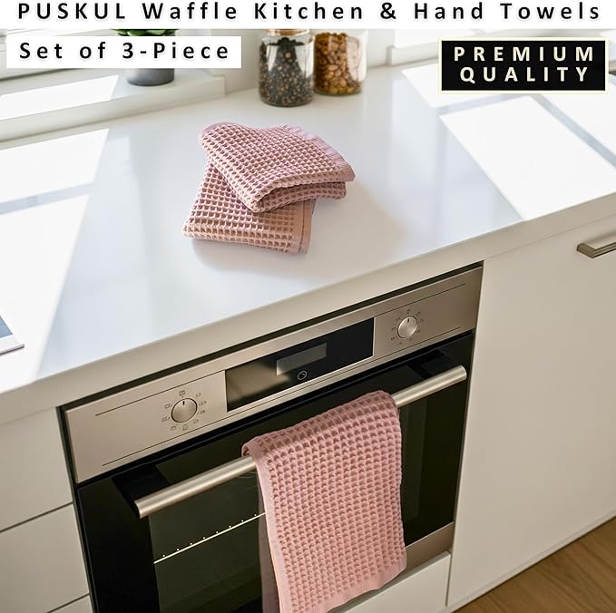 PÜSKÜL Natural 100% Turkish Cotton Waffle Kitchen Towels Set of 3 | Oeko-Tex, Premium Waffle Hand Towels for Bathroom | Soft Absorbent Quick-Dry Lint-Free Dish Towel Large 32x16 inch (3, Pink Powder)