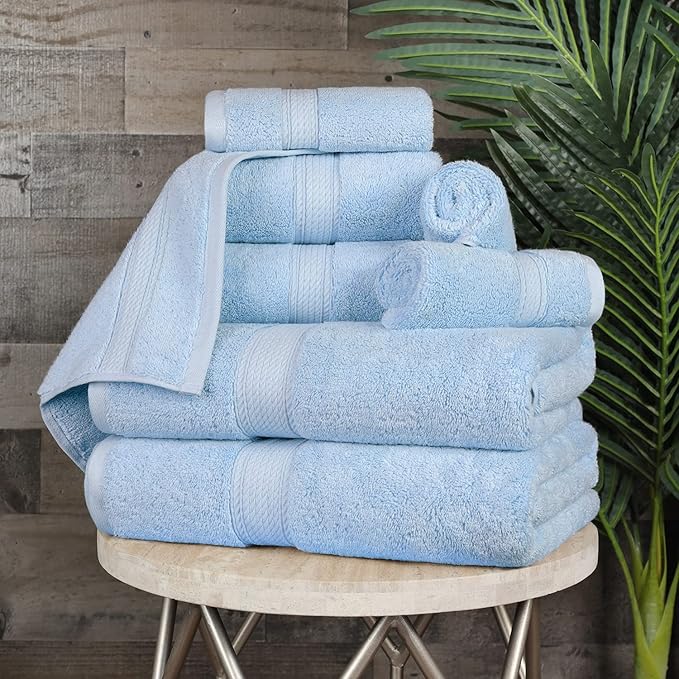 SUPERIOR Egyptian Cotton Pile 8 Piece Towel Set, Includes 2 Bath, 2 Hand, 4 Face Towels/Washcloths, Ultra Soft Luxury Towels, Thick Plush Essentials, Guest Bath, Spa, Hotel Bathroom, Light Blue