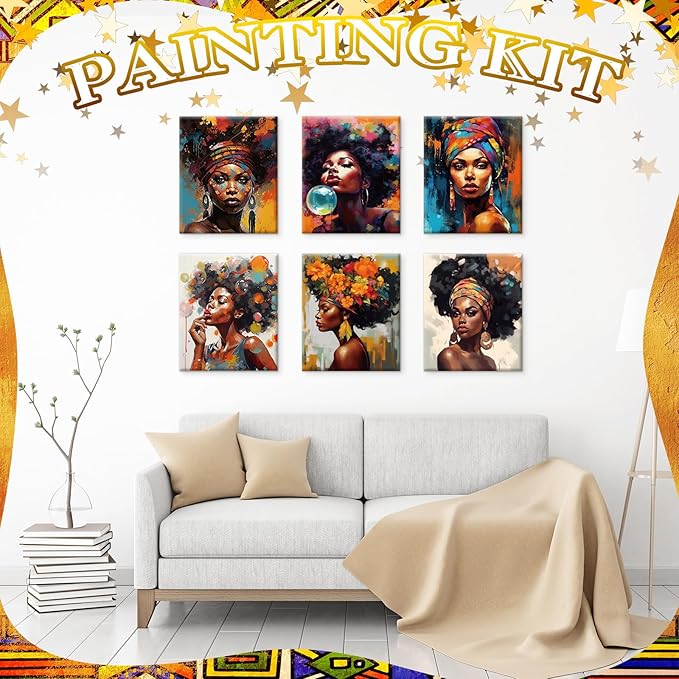 Motipuns 12 Set Pre Drawn Canvas for Painting for Adults Sip and Paint Kit with Easels 8 x 10 Inches Paint Party Kit with Printed Canvas Paints Brushes Palette Bag Apron(Afro Queen)