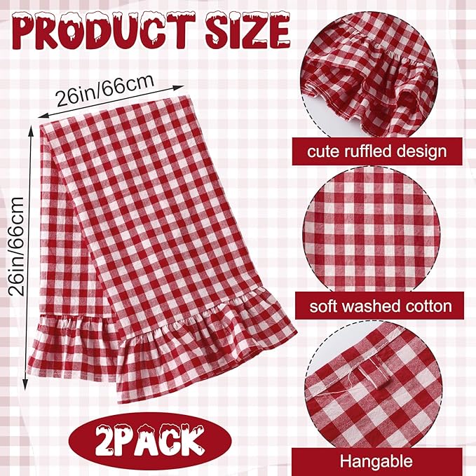 HunnmingRe Red Kitchen Towels Set of 2, 100% Cotton Ruffled Gingham Dish Towels 18"x28" Absorbent Tea Cloths Classic Plaid Pattern for Farmhouse Charm, Drying Dishes, Entertaining Guests