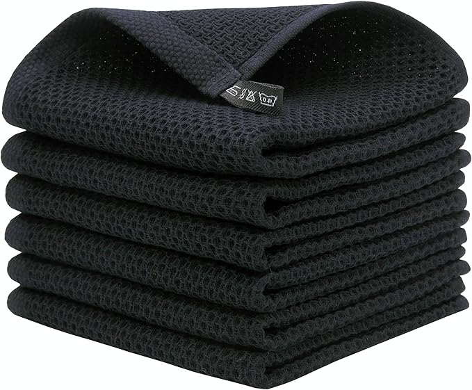 Mia'sDream Cotton Kitchen Towels and Dish Cloths Sets, Waffle Weave Dish Towels for Kitchen Drying Dishes, Soft and Absorbent Kitchen Hand Towels Washcloths,12inchx12inch 6 Pack (Black)