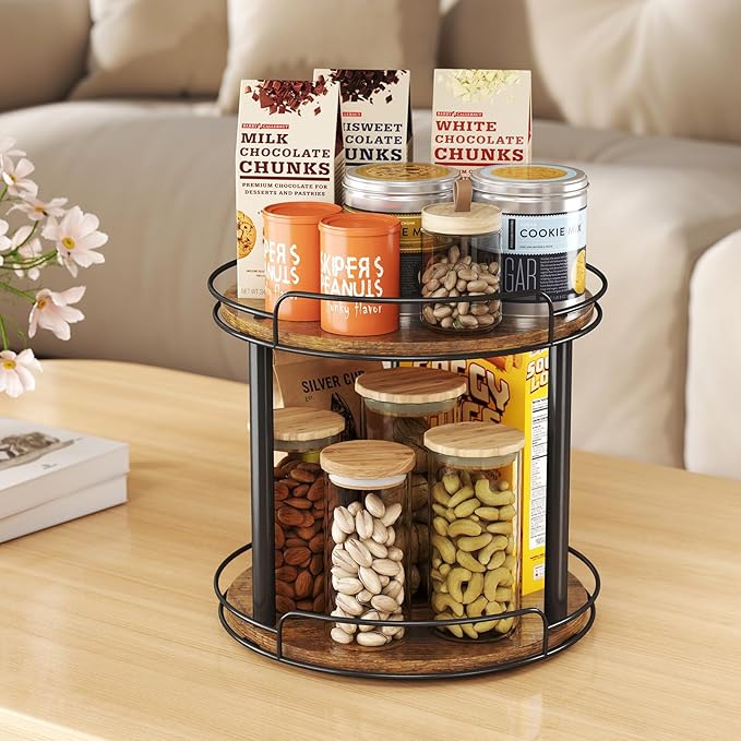 LAMU 9.1'' Wood Lazy Susan Turntable Organizer for Cabinet, 2 Tier Lazy Susan Spice Rack Organizer for Kitchen, Table Top, Countertop, Pantry, Medicine Organizer