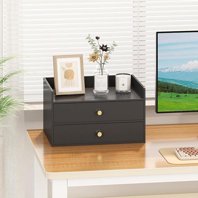 Bamboo Desk Organizer with Drawers Wooden Desktop Storage Drawers for Bills Office Supplies Kitchen Utensils Organizing Tool for Home Classroom Organization No Assembly (Black, 2 Drawers)