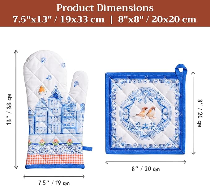 Maison d' Hermine 100% Cotton Oven Mitt & Pot Holder Set (7.5"x13" & 8"x8") Heat Resistant Cooking Gloves with Loop Baking Grilling Kitchen Gifts for Mothers Day Spring/Summer (Amsterdam Canals)