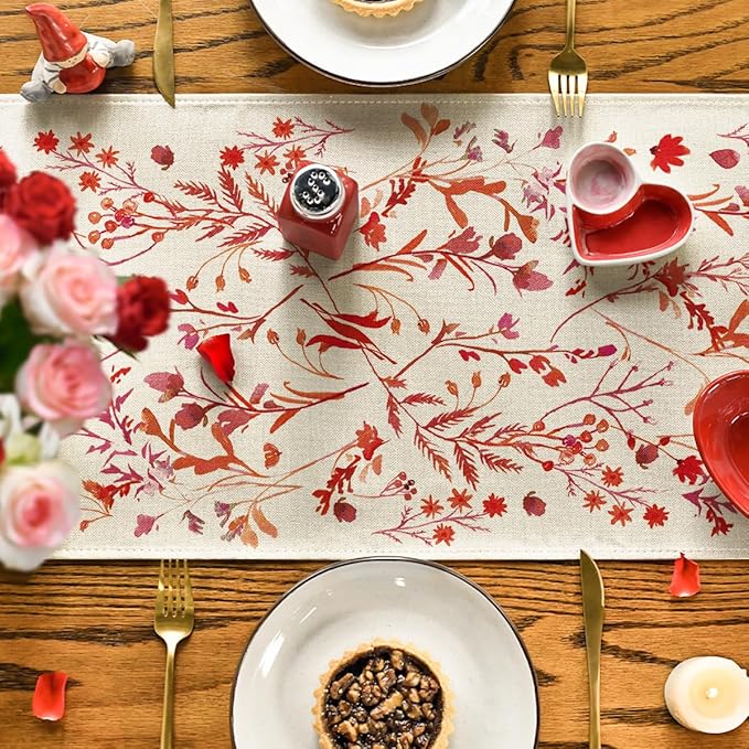 Artoid Mode Floral Leaves Valentine's Table Runner, Wild Flowers Seasonal Kitchen Dining Table Decoration for Home Party Decor 13x60 Inch