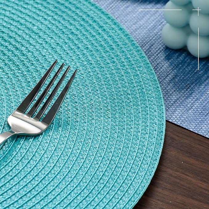 FunWheat Round Braided Placemats Set of 4 Table Mats for Dining Tables Woven Washable Non-Slip Place mats 15inch (Turquoise, 4pcs)