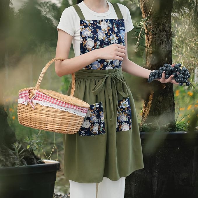 Pinknoke Vintage Pinafore Apron Dress for Women with Pockets Cute Floral Chef Aprons for Kitchen Cooking Baking Gardening
