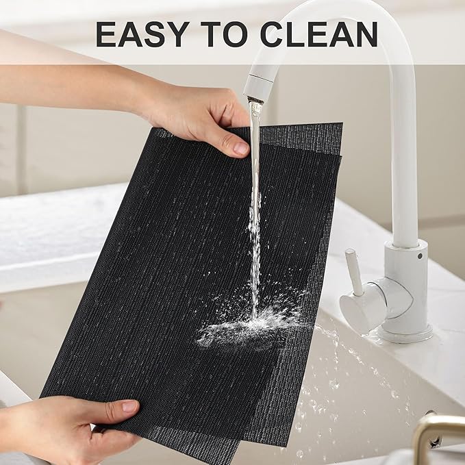 Vinyl Placemats Set of 6, PVC Woven Washable Non-Slip Table Mats, Heat Resistant Wrinkle Free Place Mats for Dining Table, Easy to Clean (6, Black)