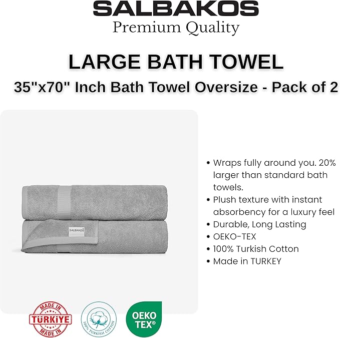 SALBAKOS 100% Turkish Cotton Extra Large Bath Sheet Set of 2 35x70 inch | Heirloom Quality | Hotel & Spa Collection | Soft, Absorbent Oversize Bath Towels | Made in Turkey (Silver, 2 Bath Sheets)