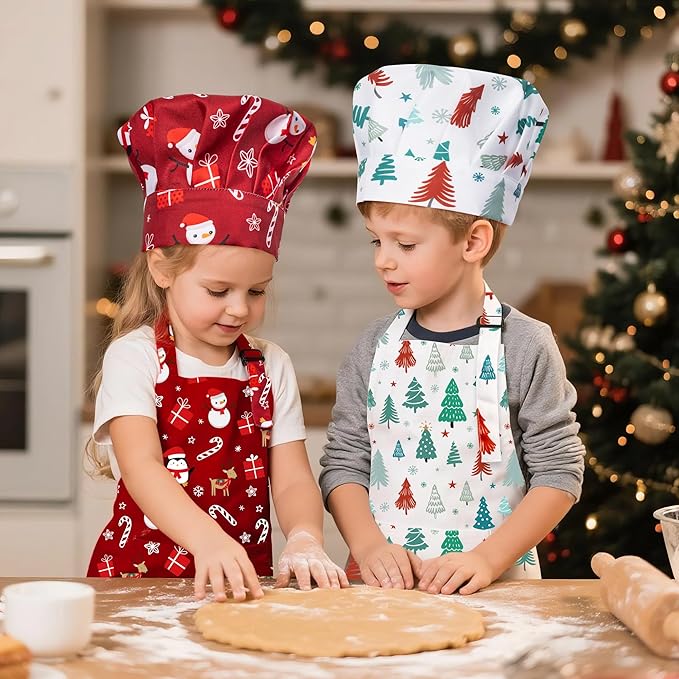 4Pcs Christmas Kids Apron and Chef Hat Set Gift for Child, Snowman Christmas Tree Candy Cane Pattern Adjustable Kitchen Aprons with 2 Pockets Waterproof Smock Hats for Baking Cooking Painting Training