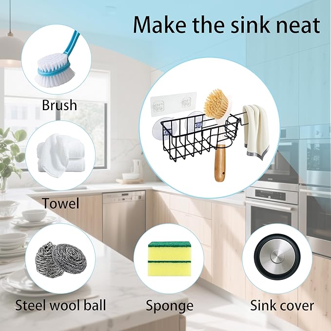 Sponge Holder with Dish Cloth Hanger for Kitchen Sink, In-sink Caddy Organizer with Suction Cups & Adhesive Strips, Rustproof Sponge Rack for Soap, Brush, Scrubber - Black（2 Pack）