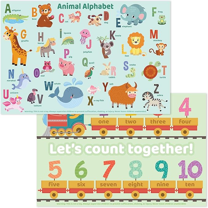 Bright Seed Disposable Placemats for Baby, Toddlers and Kids, 40 Disposable Baby Placemats for Restaurant, Dining Table & Travel, Learning Placemats for Kids, Toddler Travel, Animals ABC & Numbers