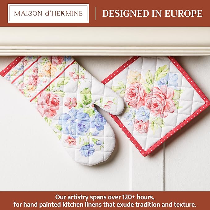 Maison d' Hermine 100% Cotton Oven Mitt & Pot Holder Set (7.5"x13" & 8"x8") Heat Resistant BBQ Cooking Gloves with Loop Baking Grilling Kitchen Gifts for Mothers Day Spring/Summer(Vintage Floral)